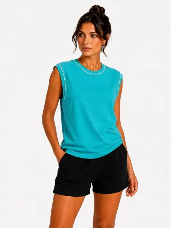 Women's Turquoise Scoop Neck Contrast Binding Sleeveless Basic Tank Top 2