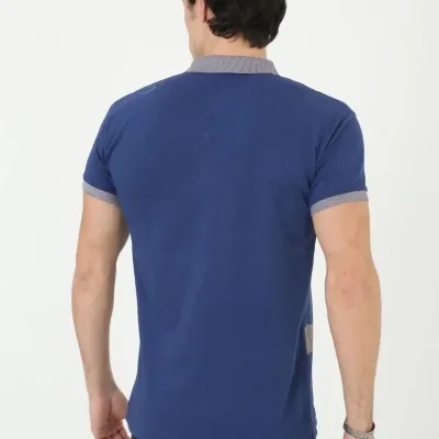 Men's Blue Slim Fit Polo Neck Printed Short Sleeve T-Shirt 2