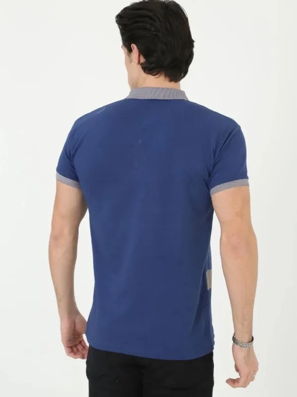 Men's Blue Slim Fit Polo Neck Printed Short Sleeve T-Shirt 2