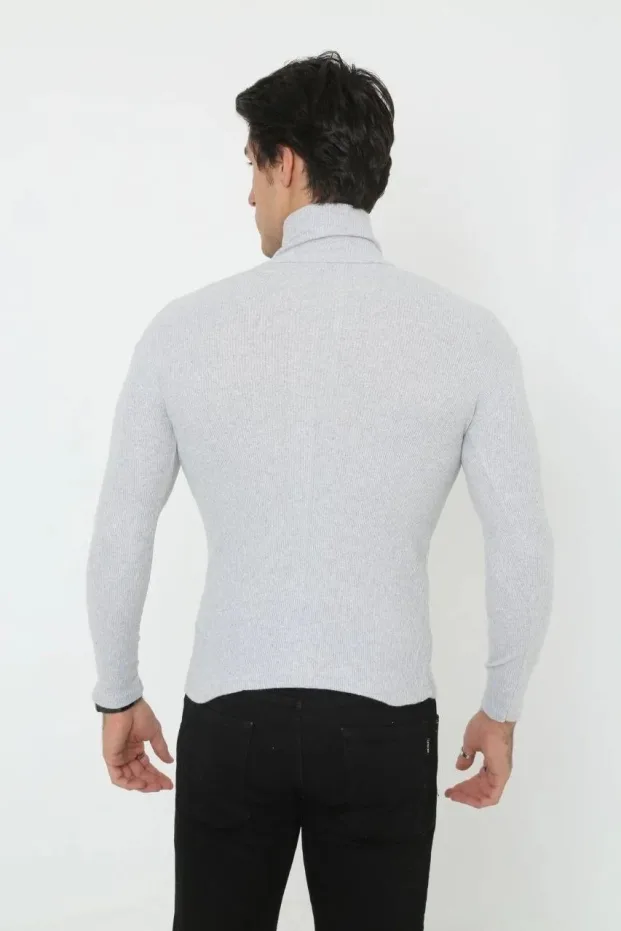 Férfi Szürke Slim Fit Likralı Turtleneck Bordázott Body 2