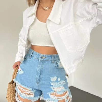 Zippered Double Pocket Denim Jacket White 4