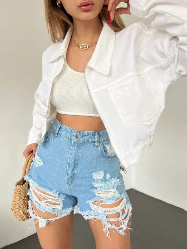Zippered Double Pocket Denim Jacket White 4