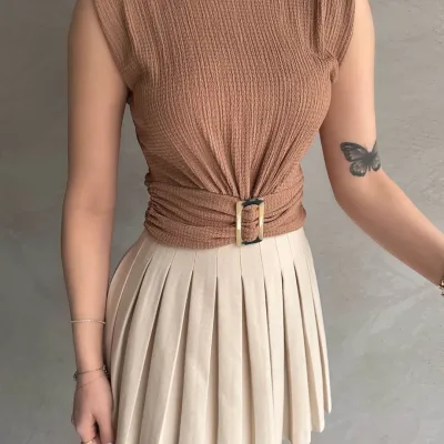 Shoulder Padded Belted Crepe Blouse Beige 3