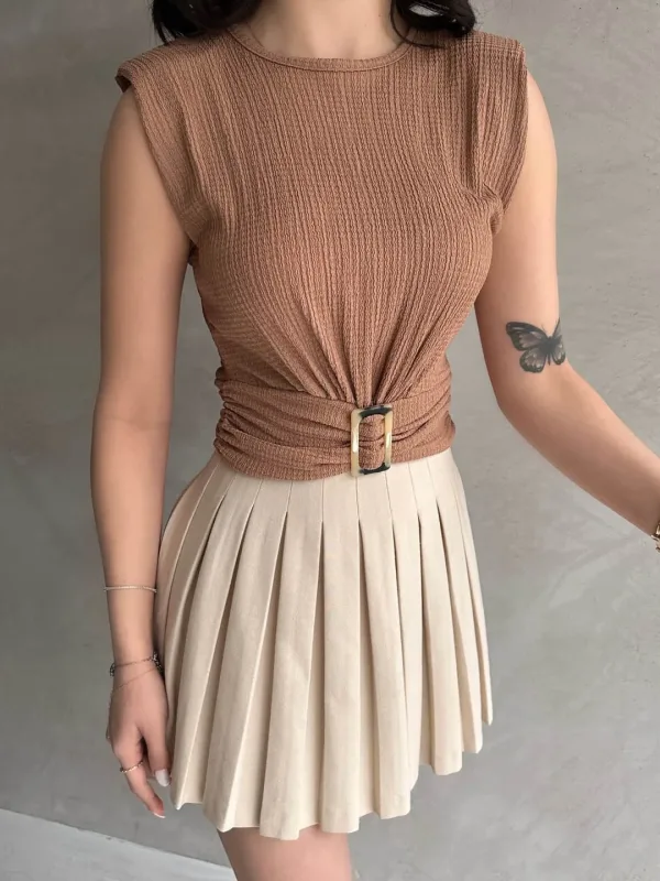 Shoulder Padded Belted Crepe Blouse Beige 3