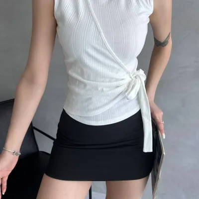 Strap Front Cross Tie Blouse White 1