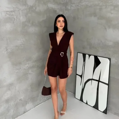 Qadın Qəhvəyi Kruvaze Drapeli Tokalı Mini Abiye Don 2