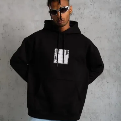 Muški crni oversize 3-niti pamučni s kapuljačom tiskani sweatshirt 3