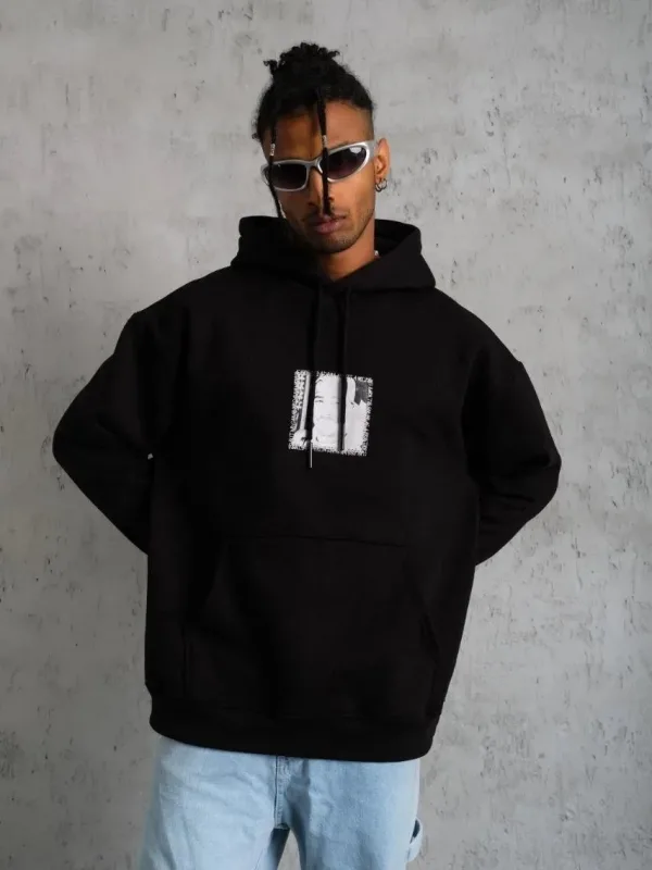 Muški crni oversize 3-niti pamučni s kapuljačom tiskani sweatshirt 3