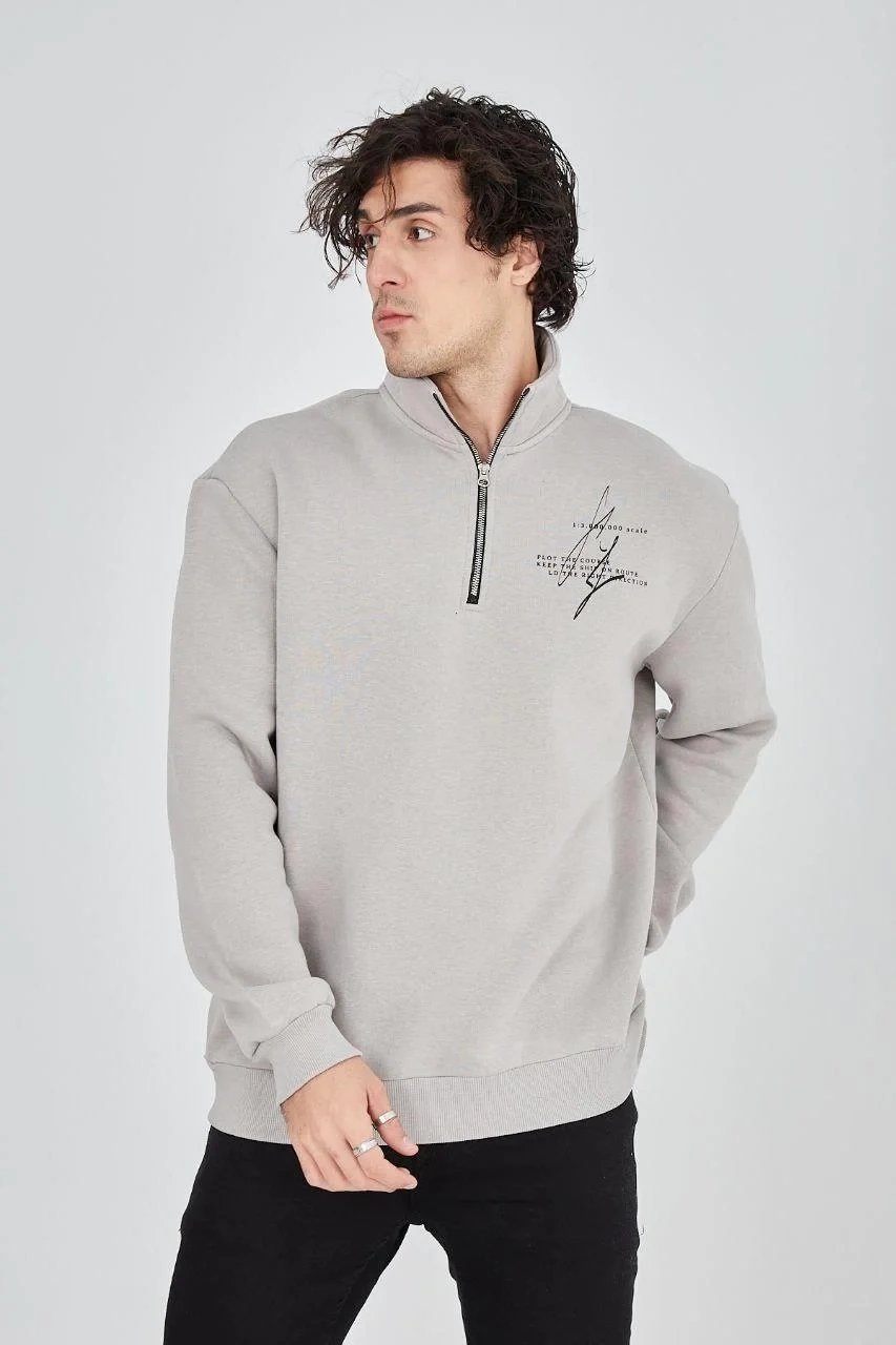 Murš Gri Jumătate Fermuar Printat 3 Firă Bumbac Sweatshirt 4