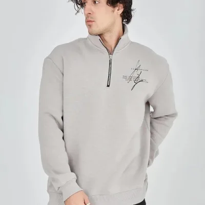 Férfi Szürke Félcipzáras Nyomott 3 Szálas Pamut Sweatshirt 4