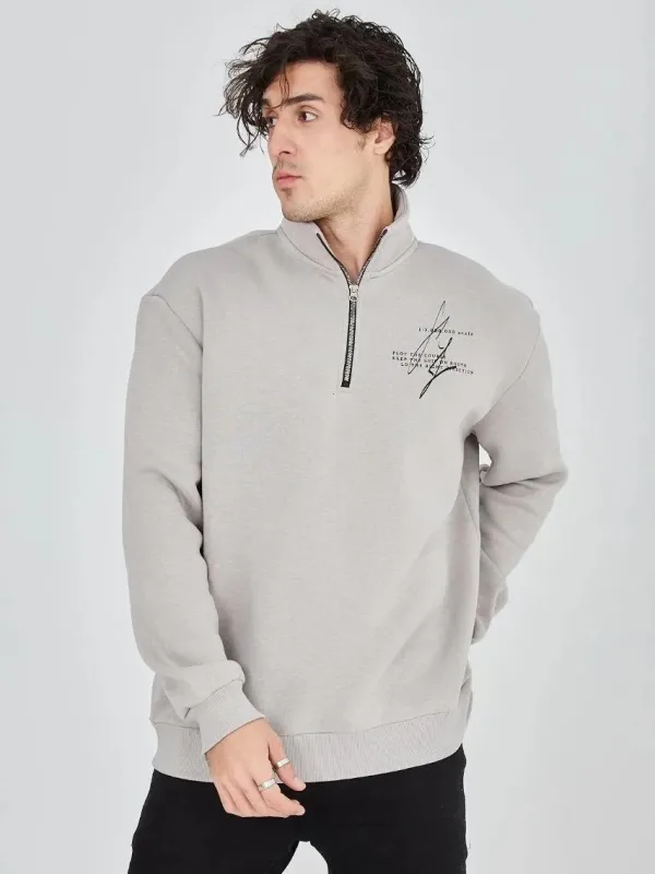 Férfi Szürke Félcipzáras Nyomott 3 Szálas Pamut Sweatshirt 4
