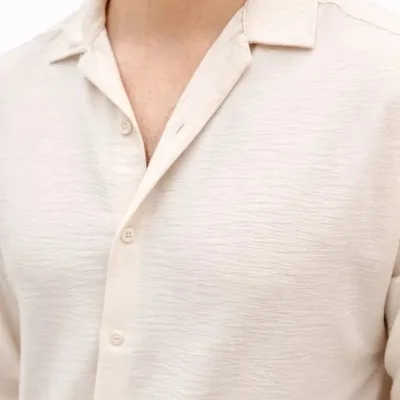 Men's Beige Oversize Aerobin Fabric Long Sleeve Comfortable Shirt 1