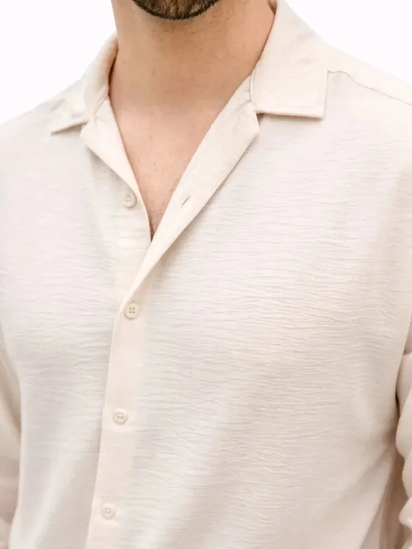 Men's Beige Oversize Aerobin Fabric Long Sleeve Comfortable Shirt 1