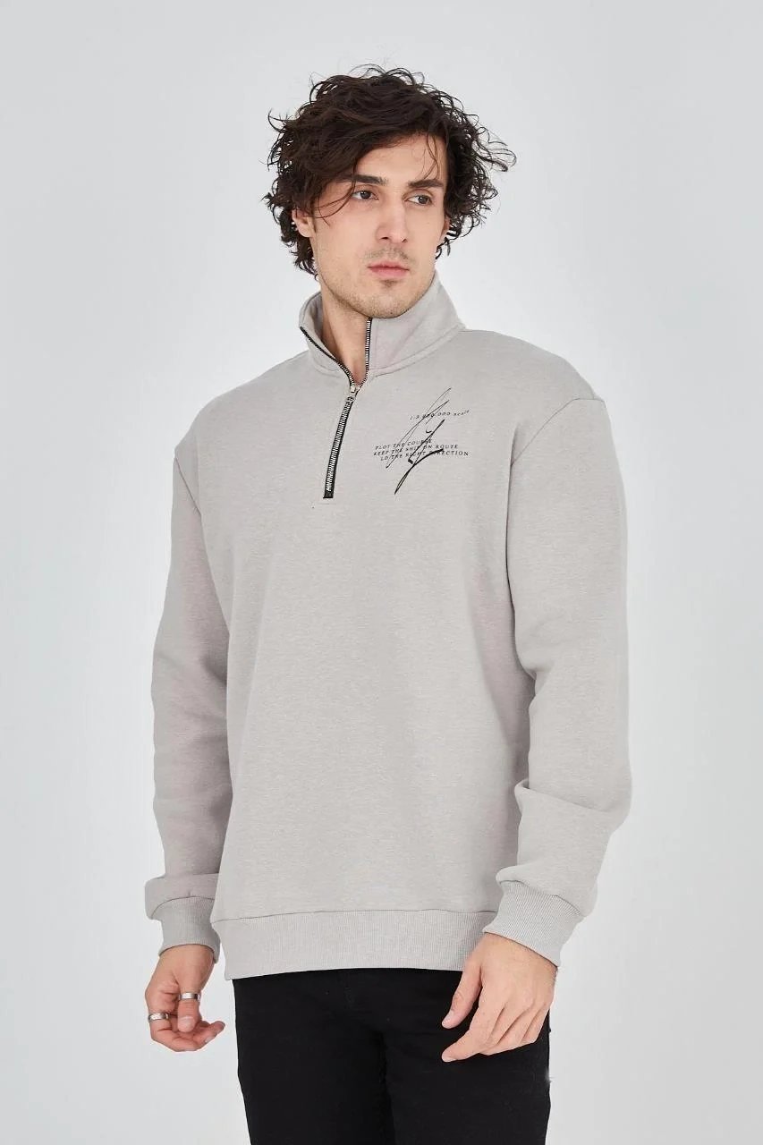 Murš Gri Jumătate Fermuar Printat 3 Firă Bumbac Sweatshirt 5