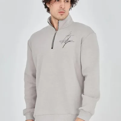 Férfi Szürke Félcipzáras Nyomott 3 Szálas Pamut Sweatshirt 5