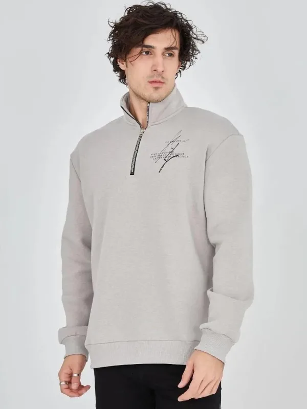 Férfi Szürke Félcipzáras Nyomott 3 Szálas Pamut Sweatshirt 5