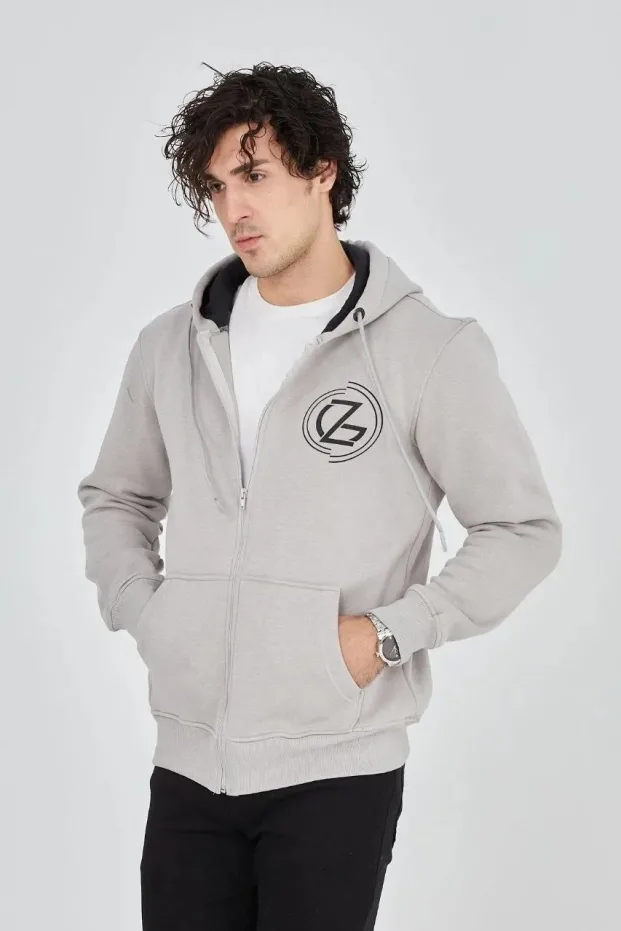 Erkek Boyalı Gri 3 İplik Pamuklu Fermuarlı Kapüşonlu Baskılı Hoodie 5
