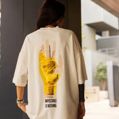 Γυναικείο Λευκό Oversize Στρογγυλό Λαιμό Τυπωμένο Κοντομάνικο Μπλουζάκι 2