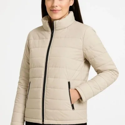 Women's Beige Waterproof Quilted Lined Zippered Bomber Jacket 4