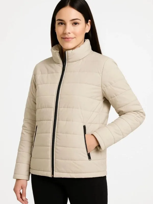 Women's Beige Waterproof Quilted Lined Zippered Bomber Jacket 4