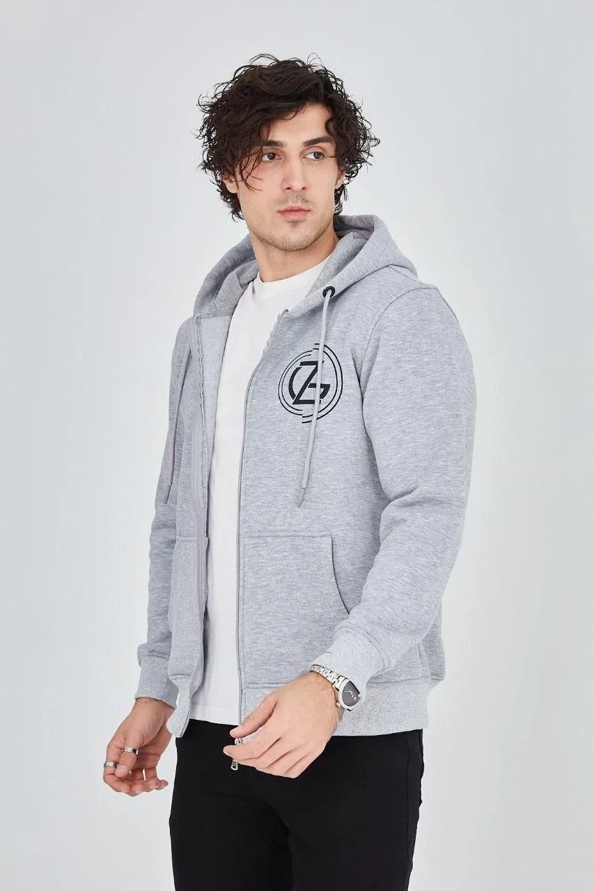 Erkek Gri 3 İplik Pamuklu Fermuarlı Kapüşonlu Baskılı Hoodie
