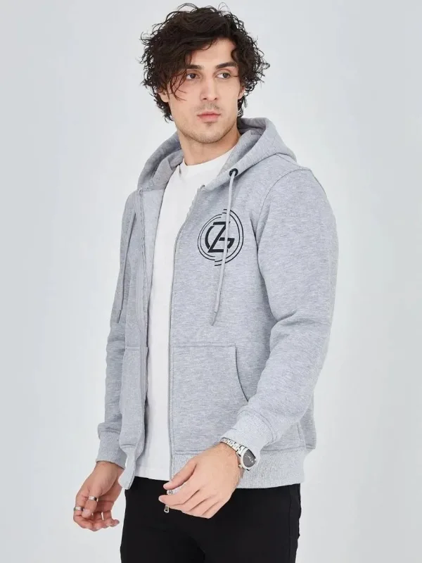 Men's Gray 3-Thread Cotton Zippered Hooded Printed Hoodie