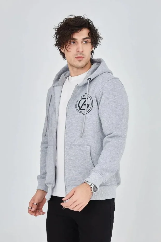 Erkek Gri 3 İplik Pamuklu Fermuarlı Kapüşonlu Baskılı Hoodie 1