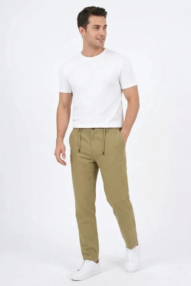 Muške menta zelene lanene pantalone sa džepovima, elastičnim strukom i patent zatvaračem 3