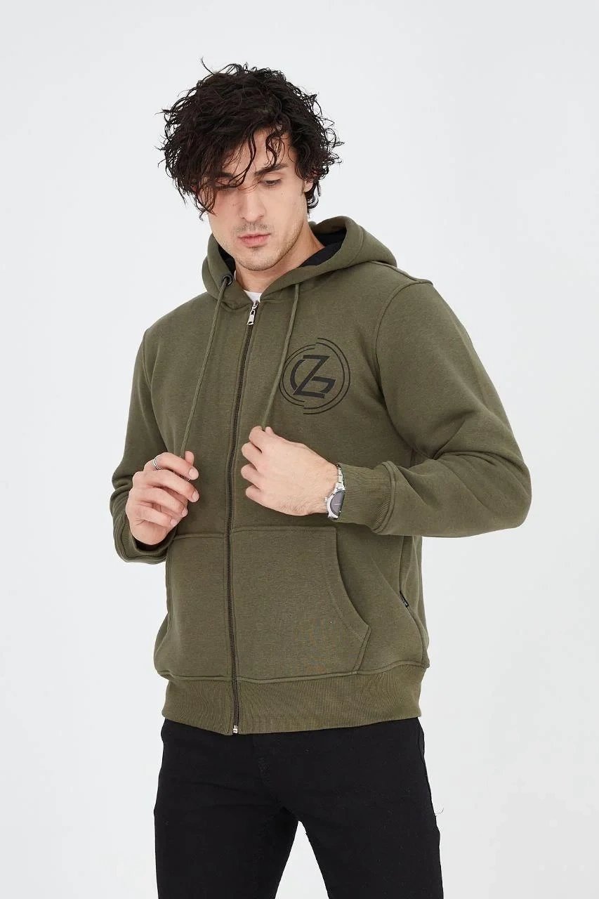 Men's Green 3-Thread Cotton Zippered Hooded Printed Hoodie 5