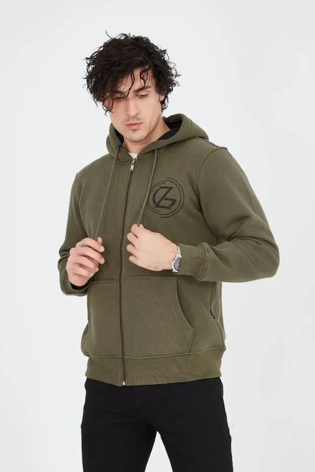 Erkek Yeşil 3 İplik Pamuklu Fermuarlı Kapüşonlu Baskılı Hoodie 5