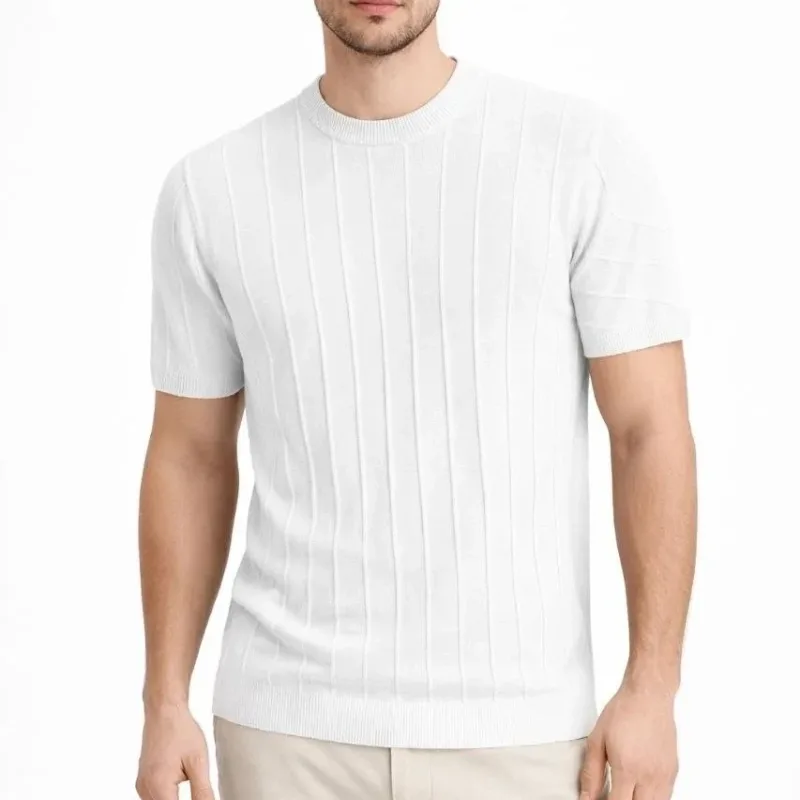 Man White Ribbed Crew Neck Short Sleeve Knit T-Shirt