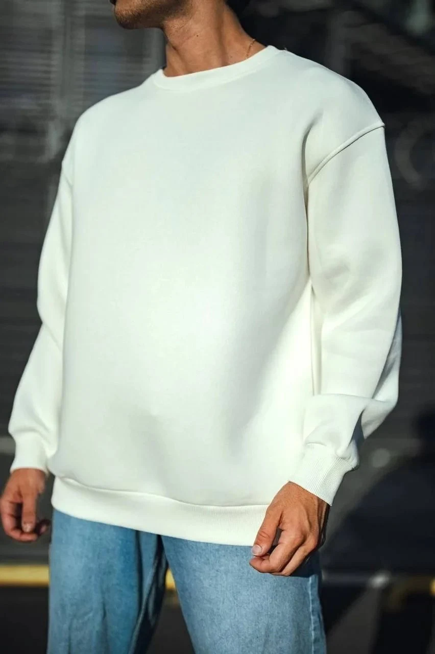 Férfi Fehér 3 Szálas Pamut Kerékpárnyakú Basic Sweatshirt