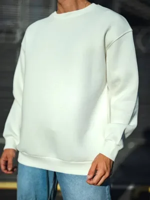Férfi Fehér 3 Szálas Pamut Kerékpárnyakú Basic Sweatshirt