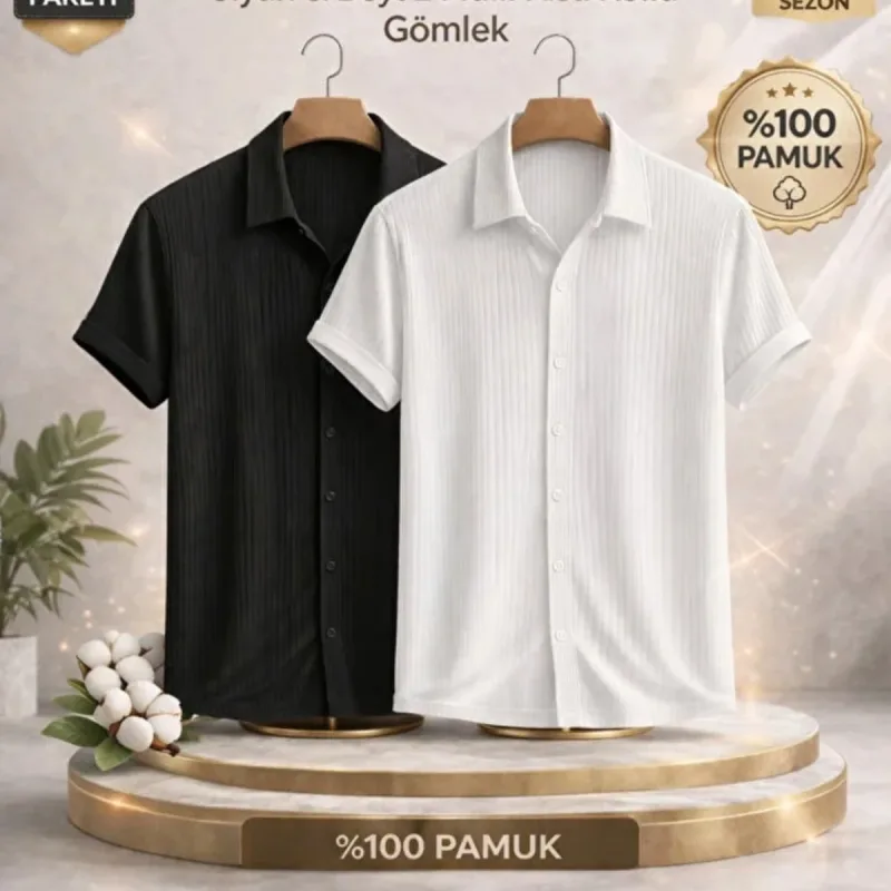 Μαύρο Λευκό 2τεμάχιο Ανδρικό Oversize Βαμβακερό Ριμπέ Πουκάμισο