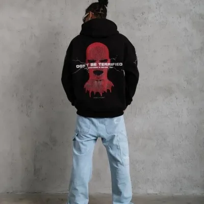 Bărbați Negru Oversize 3 Fire Bumbac Glugă Imprimat Buzunar Sweatshirt 4