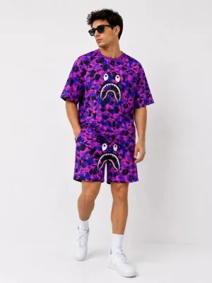 Men's Purple Oversize Embroidered Pocket Shorts Set