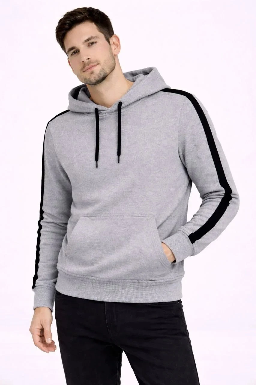 Pánský oversized bavlněný sweatshirt s kapucí a pruhy, šedý, 3 nitě