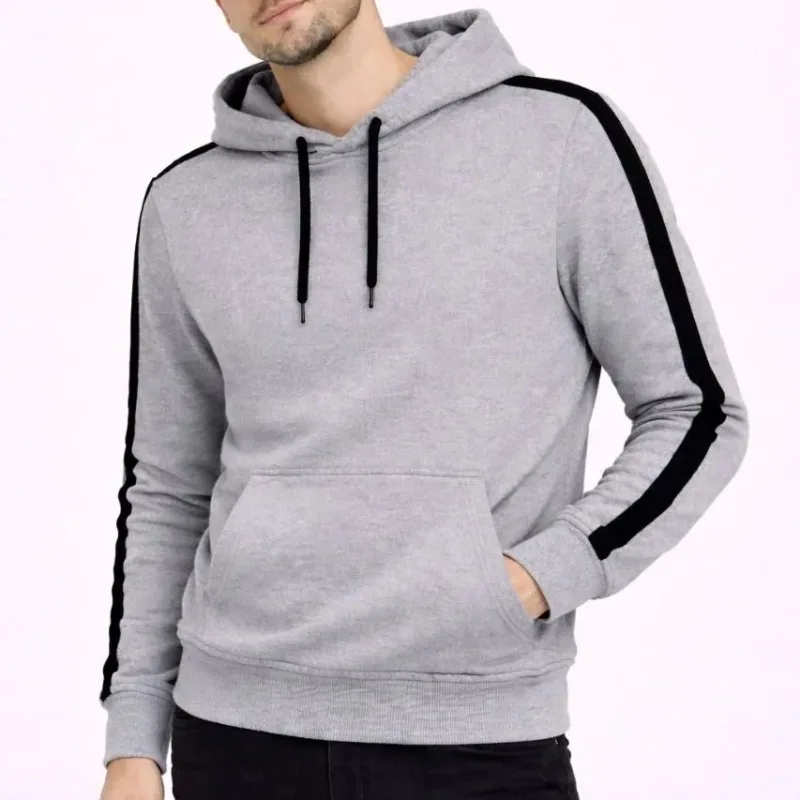 Men's Gray Oversized 3-Thread Cotton Striped Hooded Sweatshirt