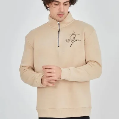 Men's Beige Half-Zip 3-Thread Cotton Printed Sweatshirt 4