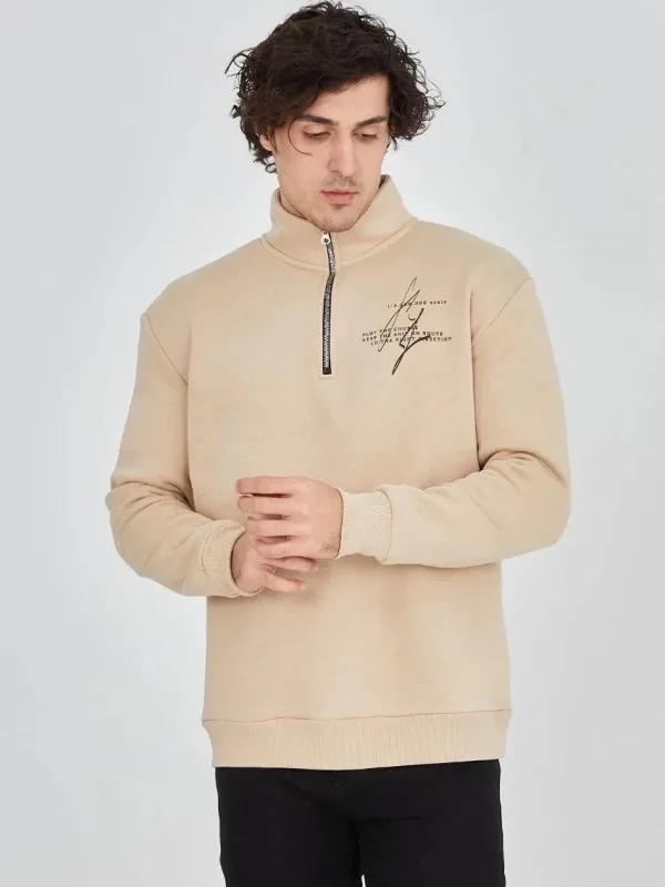 Men's Beige Half-Zip 3-Thread Cotton Printed Sweatshirt 4