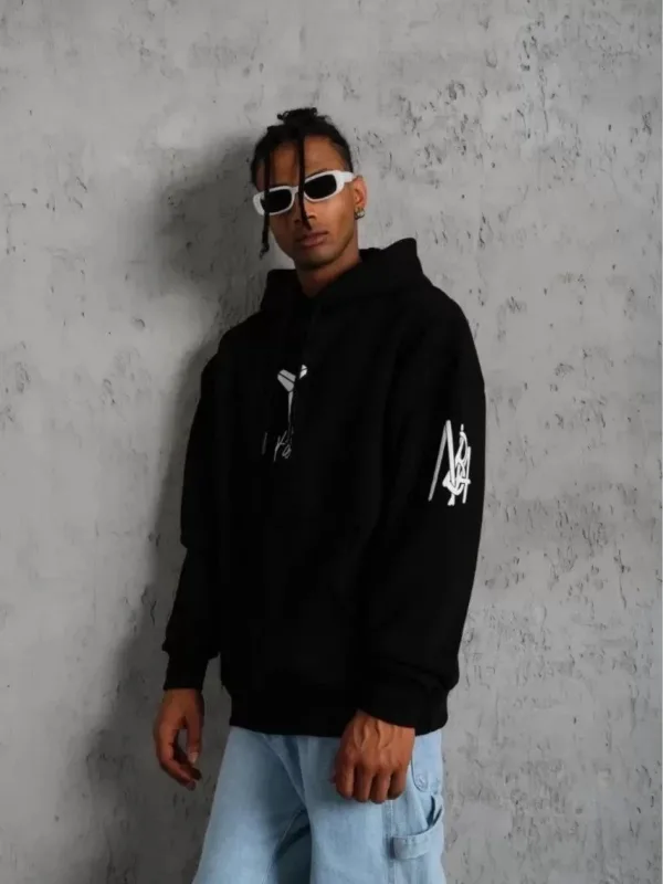 Машки црн Oversize 3-нишки памучен кенгур џеб качулка со принт Sweatshirt 3