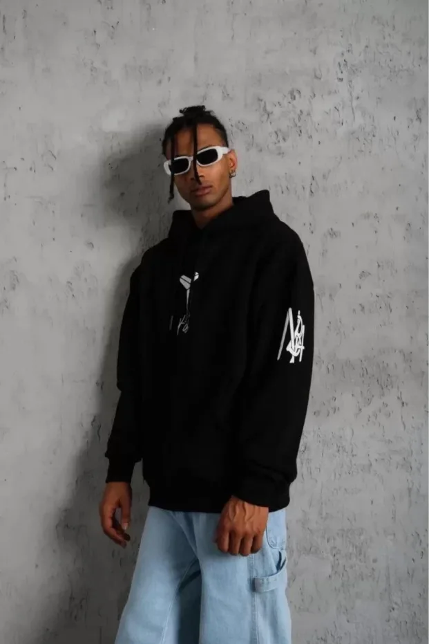 Erkek Siyah Oversize 3 İplik Pamuklu Kapüşonlu Baskılı Sweatshirt 3