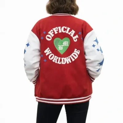 Women's Red Oversize 3-Thread Cotton Snap Button Printed College Jacket 2
