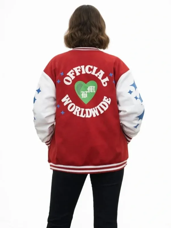 Women's Red Oversize 3-Thread Cotton Snap Button Printed College Jacket 2