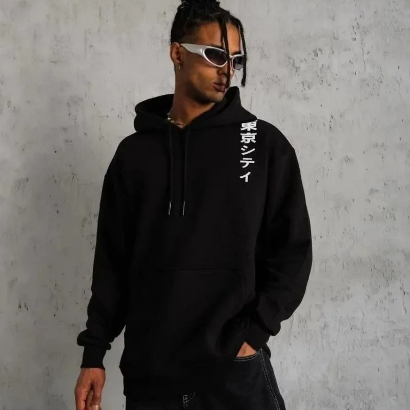 Pánské černé oversized 3-nitné bavlněné potištěné mikiny s kapucí