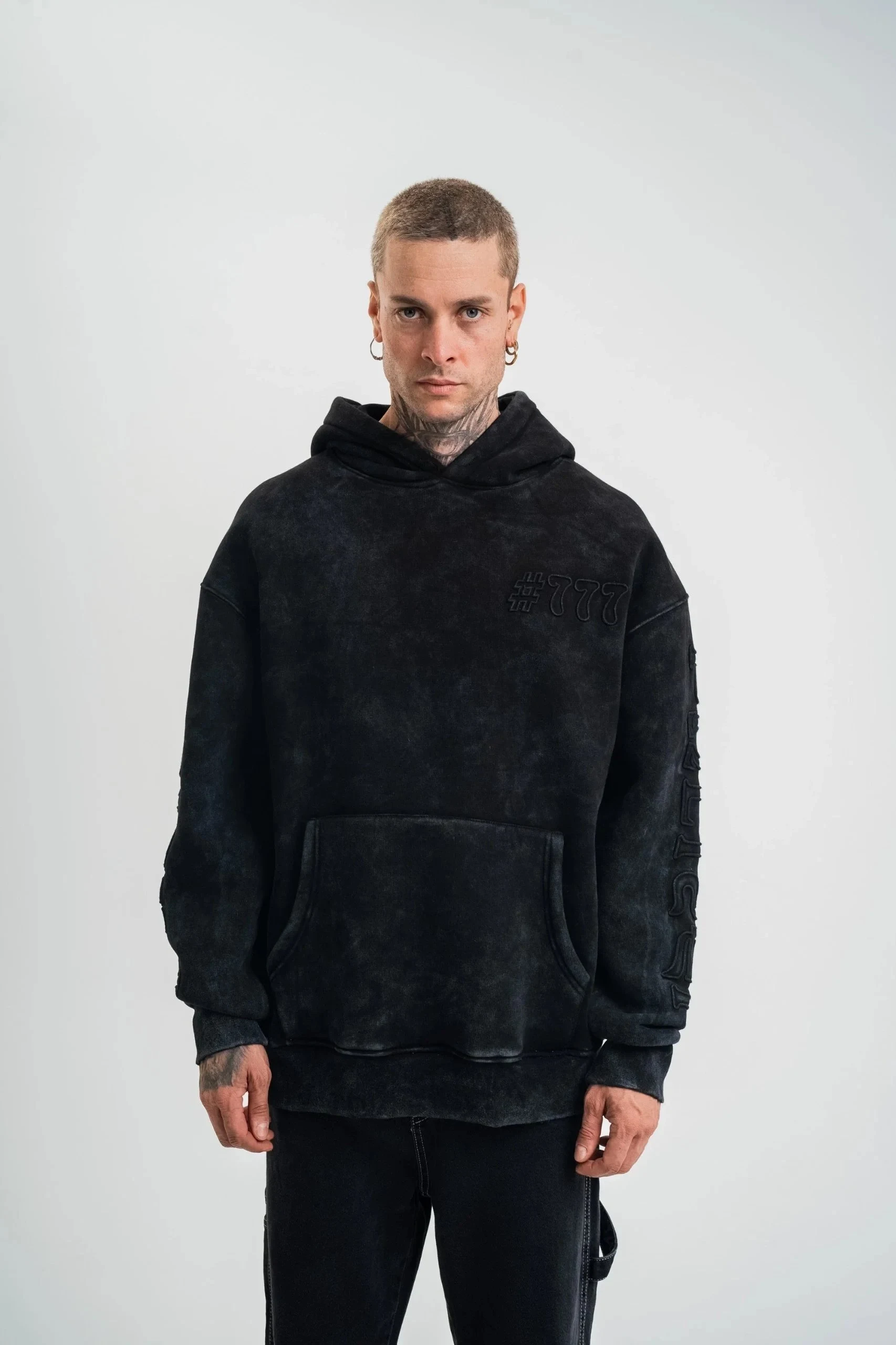 Men's Black 3-Thread Cotton Washed Embroidered Hooded Sweatshirt