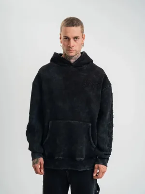 Men's Black 3-Thread Cotton Washed Embroidered Hooded Sweatshirt