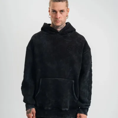 Men's Black 3-Thread Cotton Washed Embroidered Hooded Sweatshirt 1