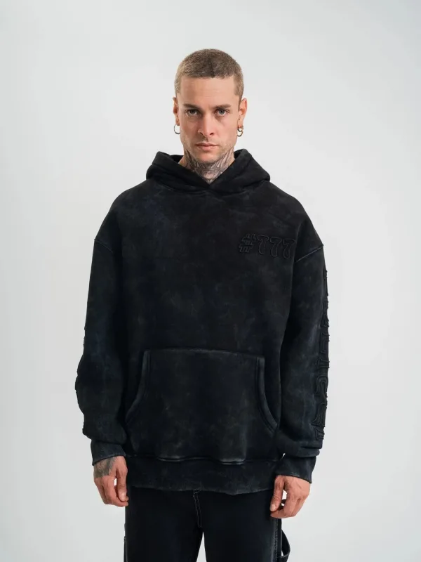 Men's Black 3-Thread Cotton Washed Embroidered Hooded Sweatshirt 1
