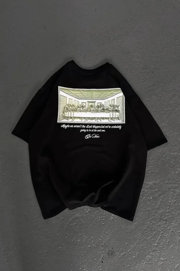 Women's Black Oversize Crew Neck Printed Short Sleeve T-Shirt 5